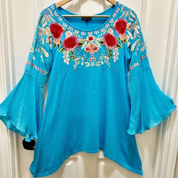 Tunique Embroidered Chiffon Tunic Top Women's Size S Blue Bell Sleeves Boho Chic - Picture 1 of 15